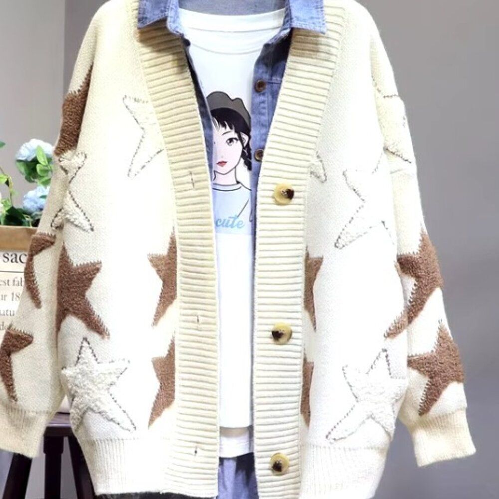 Star Pattern V-Neck Drop Shoulder Cardigan - ONE SIZE